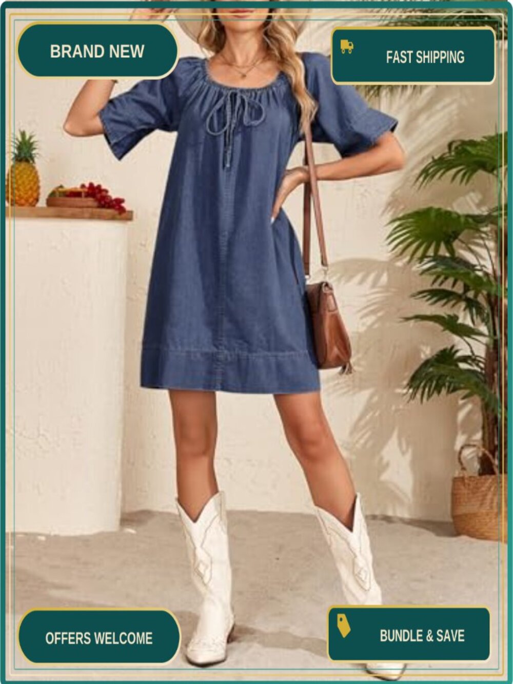 Dokotoo Women's Denim Dress Lightweight Flowy Tie Knot Cotton Jean Dress - Picture 3 of 6